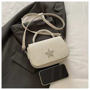 Detail der cremefarbenen gewebten Handtasche mit Silberstern und abnehmbarem Gurt