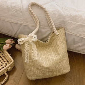 Summer Straw Woven Tote Bag For Women Lace Bow Cotton Rope Handle Casual Beach Vacation Shoulder Bag Fashion Handbag