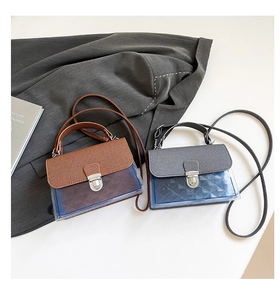 Détail du sac en gelée transparent avec texture tissée et boucle en métal argenté en marron