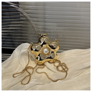 Detail einer sternförmigen Abendtasche aus Metall mit Perle und goldener Kette