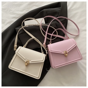Detail of elegant V-shaped flap and golden double-ring metal buckle on minimal crossbody bags