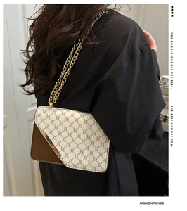 Detail of crossbody bag with beige monogram canvas and brown leather contrast flap
