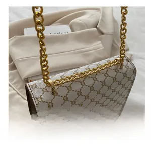 Close-up of vintage printed square bag featuring elegant gold chain strap and premium details