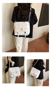 Three-angle views showing a white PU leather shoulder bag with decorative front pockets