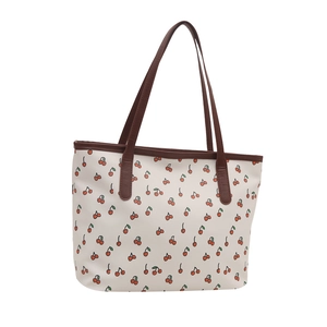 Chic cream tote bag with cute red cherry print and contrast brown shoulder straps