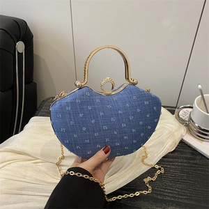 Vintage Nylon Denim Stil Abendtasche Für Damen Herzmuster Strass Ringverschluss Kette Umhängetasche Handtasche Für Bankett