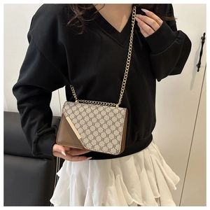 Detailed view of the brown retro monogram crossbody bag with golden chain strap on a model