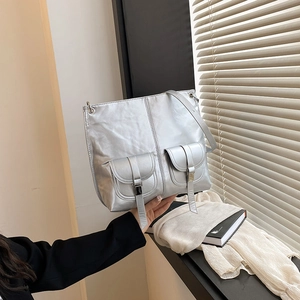 Women Vintage PU Leather Tote Bag Large Capacity Shoulder Bag With Double Front Pockets Trendy Commuting Daily Handbag