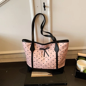 Large Capacity Pink Nylon Tote Bag For Women Sweet Bowknot Heart Print Shoulder Bag Urban Simple Commuter Shopping Bag