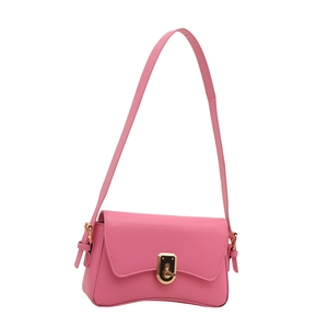 Pink shoulder bag with curved wave base and gold rectangle clasp on white background