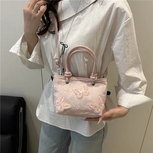 Pink sweet lace handbag with butterfly embroidery and crossbody strap for women