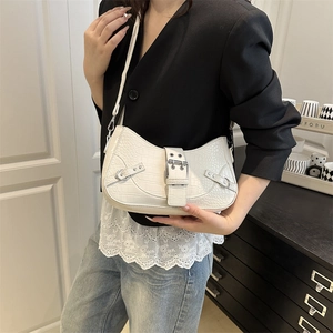 Vintage white faux crocodile texture underarm bag with silver metal buckles and rivets