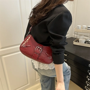 Fashionable dark red crocodile pattern PU leather underarm bag with silver buckles