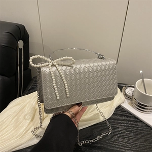 Women Elegant Woven PU Leather Shoulder Bag With Artificial Pearl Bow Metal Handle Chain Strap Small Square Crossbody Bag