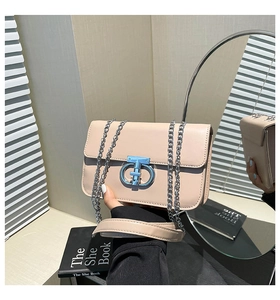 Detailansicht der beigen Ledertasche mit großer silberner Metallschnalle und Kettenriemen
