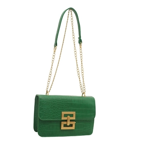 Green crocodile pattern crossbody bag with gold chain strap and geometric metal buckle lock