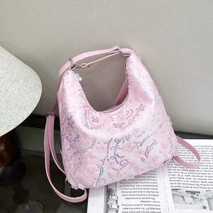 Sac à Épaule Tendance Coréenne pour Femmes Paillettes Floral Nylon Fleurs 3D Sac Fourre-tout Grande Capacité Décontracté pour Trajet