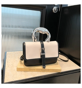 Detail of contrast crossbody bag featuring a unique silver organic-shaped metal handle