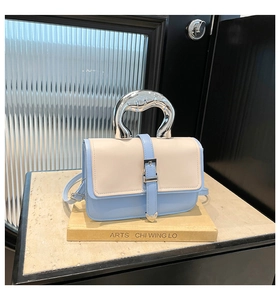 Detail of blue and beige handbag with silver metallic handle and leather strap buckle