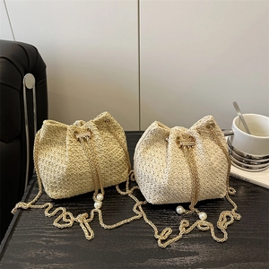 Women Straw Woven Bucket Bag With Artificial Pearl Drawstring Golden Metal Chain Strap Summer Vacation Casual Shoulder Crossbody Bag