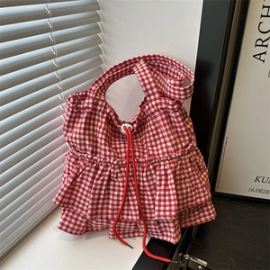 Women Gingham Plaid Ruffle Tote Bag Canvas Shoulder Bag With Drawstring Sweet Casual Summer Beach Handbag
