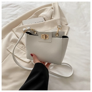 Détail du sac à bandoulière minimaliste en cuir crème avec fermoir doré et texture grainée