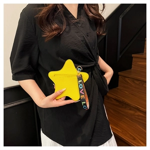 Star-shaped yellow coin purse with litchi grain leather and LOVE ribbon wristlet strap