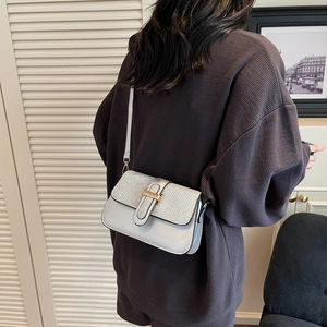 Silver square crossbody bag with H-buckle and belt decor shown on a model's shoulder