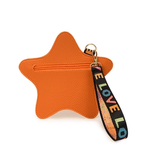 Orange star-shaped leather coin purse with colorful LOVE jacquard strap on white background
