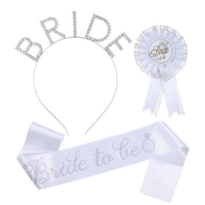 Detailed set of white Bride to be sash with rhinestone tiara and lace pleated badge
