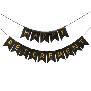 Detail of black and gold Happy Retirement swallowtail bunting banner for party decoration