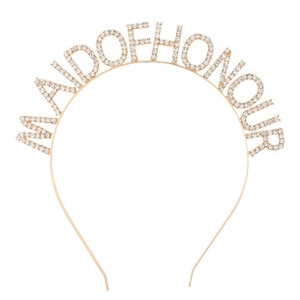 Detail of gold metal headband with MAID OF HONOUR crystal rhinestones for weddings