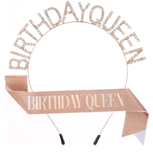 Set corona e fascia Birthday Queen in oro rosa con strass e glitter per feste