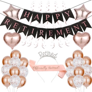 Rose gold retirement party set with a rhinestone Retired headband and pink satin sash