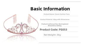 Detailed specifications of pink crystal bridal crown featuring alloy and rhinestone details