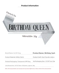Silver Birthday Queen sash made of glitter fabric with dimensions 160cm x 9.5cm
