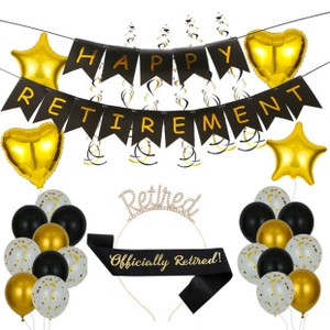 Detailed black and gold retirement party set with banners, balloons, sash and tiara