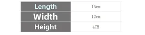 Detailed size specification chart showing 15cm length, 12cm width and 4cm height