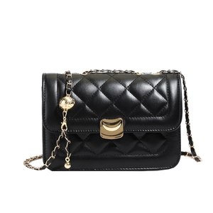 Classic black quilted crossbody bag with gold chain strap and elegant metallic charm