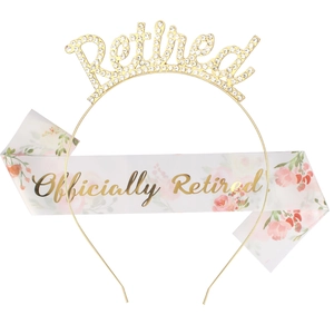 Retired Tiara And Satin Sash Set For Women Rhinestone Alloy Crown With Officially Retired Sash For Retirement Party Decorations