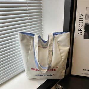 Women Large Capacity Canvas Tote Bag French Style Letter Printed Shoulder Bag Casual Shopping Handbag With Striped Lining