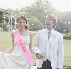 Pink satin Bride Tribe sash with gold lettering for wedding parties and celebrations
