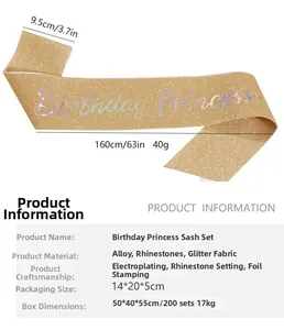 Detailed size chart for the Birthday Princess gold sash, showing 160cm length and 9.5cm width