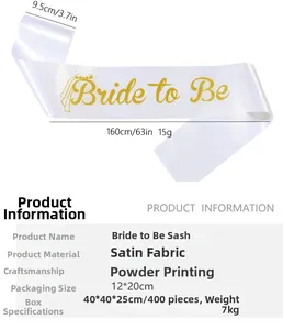 Detailed view of white satin Bride to Be sash with gold glitter lettering and dimensions