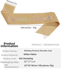 Detail view of Birthday Princess glitter sash with iridescent foil lettering and dimensions