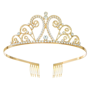 Detailed close-up of a gold bridal tiara with sparkling crystals and side hair combs
