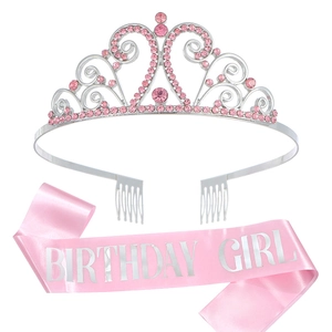 Ensemble Diadème Couronne Birthday Girl et Écharpe en Satin Strass Alliage Rose Argent Paillettes Accessoires de Fête d'Anniversaire