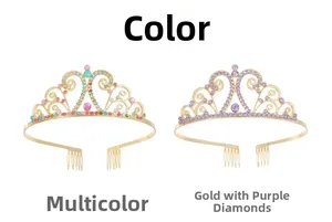 Detail of gold alloy tiaras with multicolor and purple crystals on white background