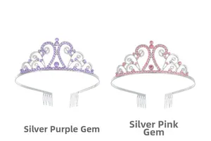 Detail of silver alloy bridal crowns with pink and purple crystals featuring hair combs