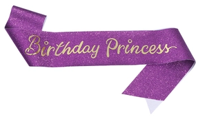 Detail of purple glitter Birthday Princess sash with gold lettering for parties